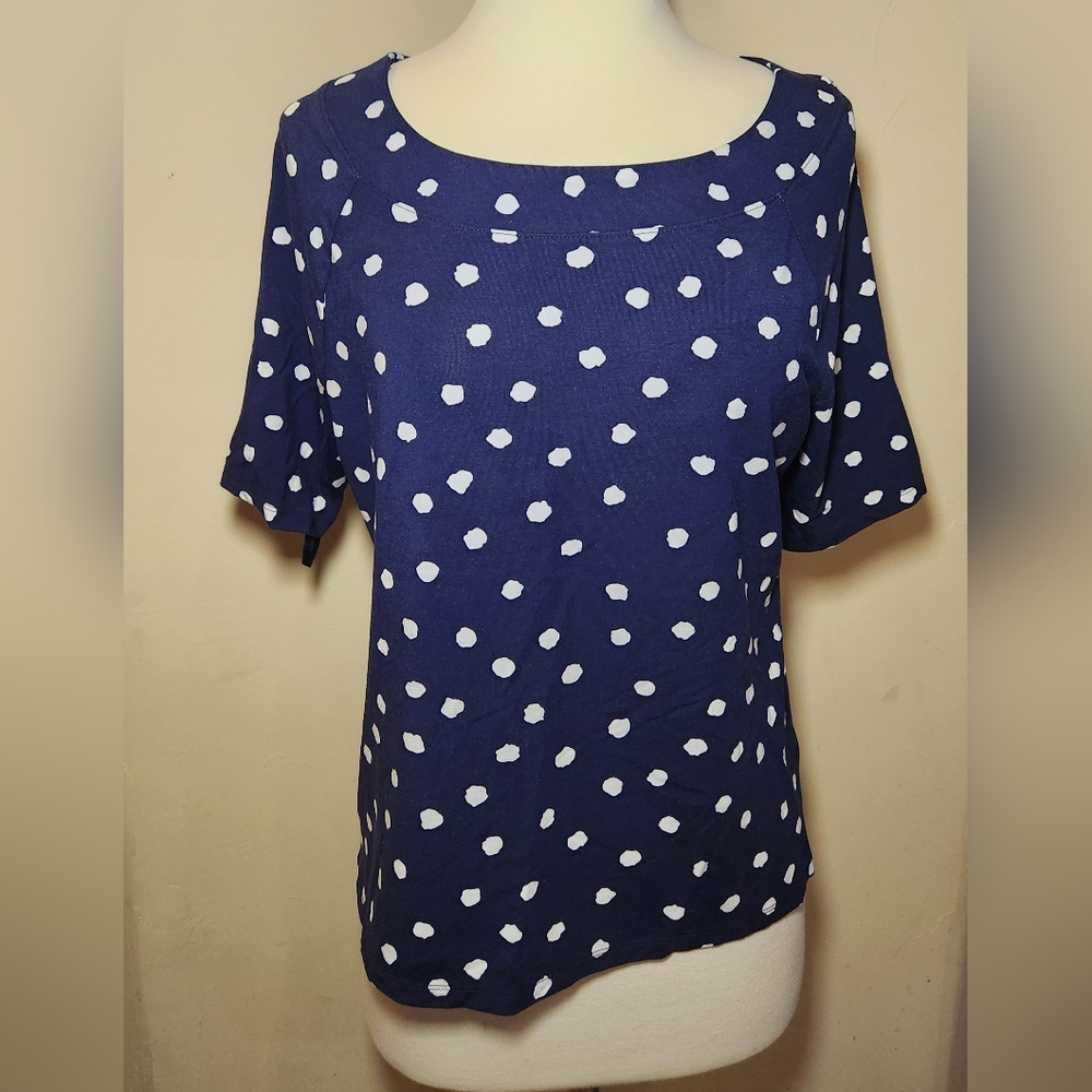Talbots navy & white polka dot short sleeve knit top size large petite